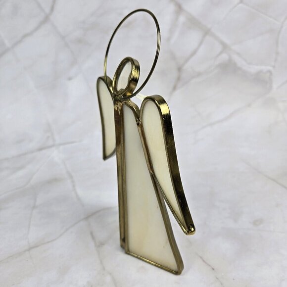 Vintage Stained Glass Angel White With Gold Holding Three Flowers Slag Glass - Picture 7 of 10